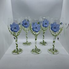 Set De 5 Main Peint Bleu Floral Vin Verres Premium Qualité Service Neuf