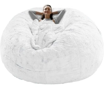 Rainbean Bean Bag Chair (Cover Only) Round Soft Fluffy Velvet Bed 5ft, White - Image 1 of 4