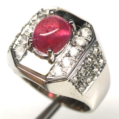 Gemstone 6 x 7 mm. Pink Ruby & White Zircon Men's Ring 925 Silver Size 8.25 - Image 1 of 4