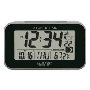 Table Alarm Clock Atomic Digital With Temperature And Moon Phase Plastic Silver - Picture 1 of 7