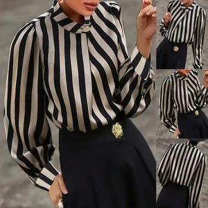 Plus Size Women Striped Shirt Ladies OL Work Puff Long Sleeve Tops Pullover - Picture 1 of 11