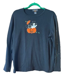 Hampshire Studio Boo Women’s Sz L Halloween L/S Top Black Cat Ghost Pumpkin Cute - Picture 1 of 6