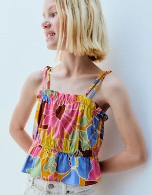 Zara Boho Ruffle Floral Print Cropped Blouse Girl’s Size 13-14 Yrs NWT - Image 1 of 4