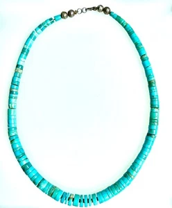 Vintage Santo Domingo Turquoise Bead Necklace, Sterling Silver Beads & Clasp-16" - Picture 1 of 8
