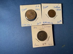 3 Coins From Peru; 2 Centavos 1863, 1 Centavos 1878, 2 Centavos 1876 - Picture 1 of 2