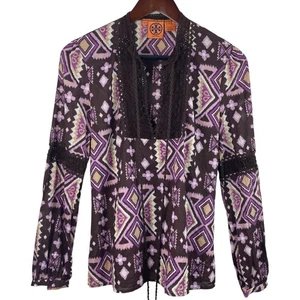 Tory Burch Size 6 Purple Brown Crochet Lace Kaftan Tie Front Top Resort Pool - Picture 1 of 11