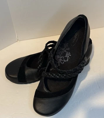 Mocasín Mary Jane trenzado cómodo cuero negro 40/9 Aetrex Annie para mujer Foto 1 de 4