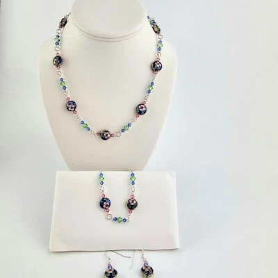 925 Solid Sterling Silver Cloisonné Necklace, Bracelet & Earrings Set - Image 1 of 4