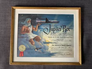 VINTAGE 1947 PAA PAN AMERICAN WORLD AIRWAYS JUPITER REX FRAMED CERTIFICATE - Picture 1 of 4