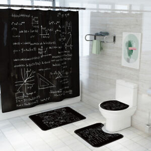 Mathematics Shower Curtain Bathroom Rug Set Non-Slip Bath Mat Toilet Lid Cover 