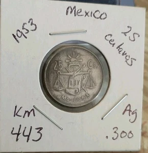 Mexico 25 Centavos .300 Fine Silver Coin "Cap and Scales" KM#443. Nice Details! - Picture 1 of 8