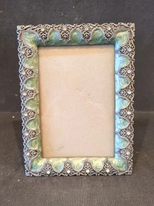 VINTAGE WHITE METAL & GREEN ENAMEL TYPE CHASED & JEWELED GLAZED PHOTO FRAME - Picture 1 of 4