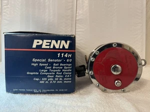 PENN 114H SENATOR 6/0 SALTWATER FISHING REEL SOLID ALUM WHITE HANDLE. Used. Box. - Picture 1 of 13