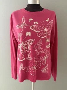 Marushka Hand Printed Shirt Size L Pink Butterflies Soft Long Sleeve - Picture 1 of 14