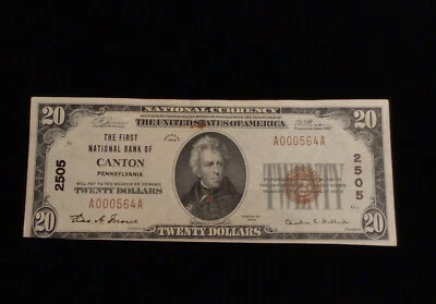 1929 Twenty Dollar National Bank Note The First National Bank of Canton PA 2505 - Image 1 of 4