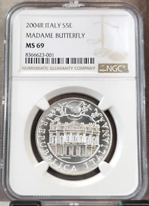 2004 ITALY SILVER 5 EURO MADAME BUTTERFLY NGC MS 69 RARE BEAUTIFUL TOP POP - Picture 1 of 3