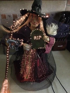 Fiber Optic Witch holding Broom, Tombstone & Cat Vintage Halloween Decoration - Picture 1 of 3