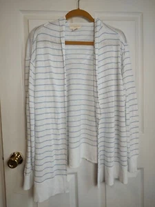 Cárdigan Cynthia Rowley Talla 3X Mezcla de Lino Frente Abierto Blanco Azul Rayas Capucha - Imagen 1 de 6