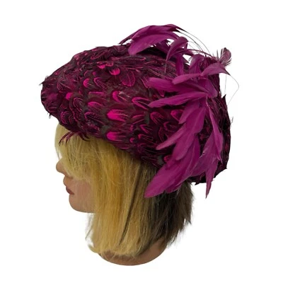 Vintage JACK MCCONNELL Designer Boutique Burgundy Feathers Church Derby Hat - Image 1 of 4