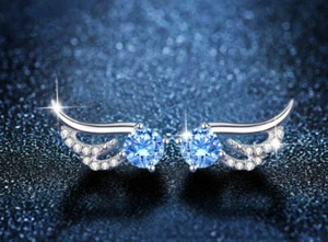 Womens 925 Sterling Silver Blue Cubic Zirconia Crystal Angel Wing Stud Earrings - Picture 1 of 3