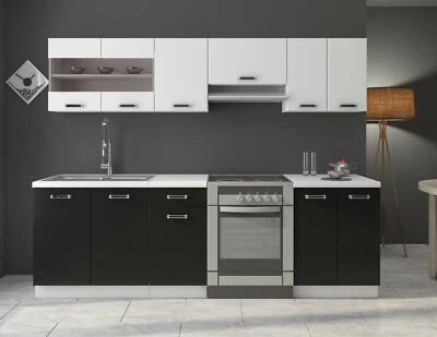 Küche Omega 240 cm Küchenzeile / Küchenblock variabel stellbar in Schwarz Weiss - Bild 1 von 4