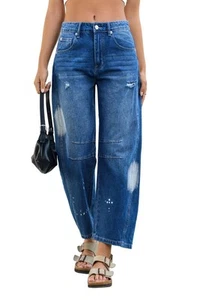 Mid Rise Barrel Jeans for Women Wide Leg Mid Waist Cropped Denim Pants Y2k Ba... - Picture 1 of 7
