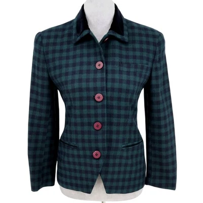 Jones NY Jacket Petites 2P Wool Blue Green Check Lined Black Velour Collar Vtg - Image 1 of 4