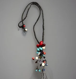 Handmade MULTI GEMSTONE TASSEL Necklace 20” Long Y-Drop Black Corded Cluster - Picture 1 of 8