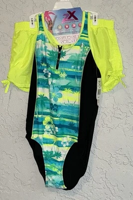 Девочка цветочный 2 изделия купальник комплект с неоновый желтый прикрытие шорты - Изображение 1 из 4