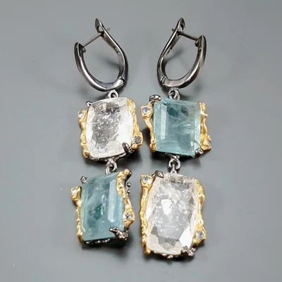 手工制作 34 克拉 + 天然海蓝宝石耳环 925 纯银 /E129969 — 第 1/4 张图片