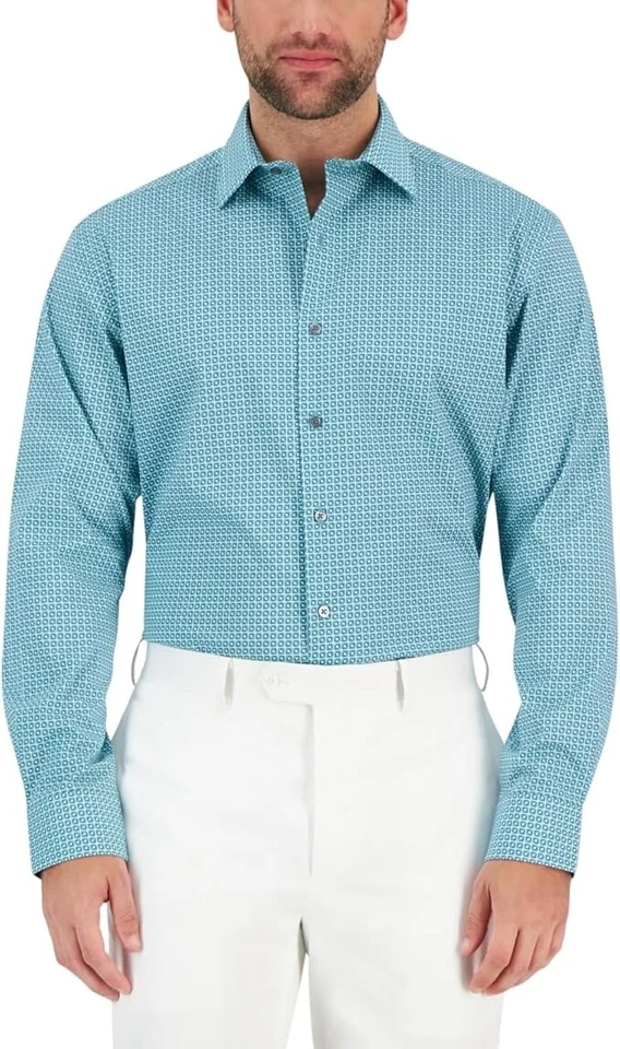 Alfani Men's Dress Shirt Button Dow Puzzle-Print Slim Fit Light Blue Sz 17-17.5