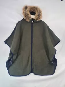 Joules Cape Poncho Small Green Navy Tartan Wool Fur Hood Everly Reversible Coat - Picture 1 of 13