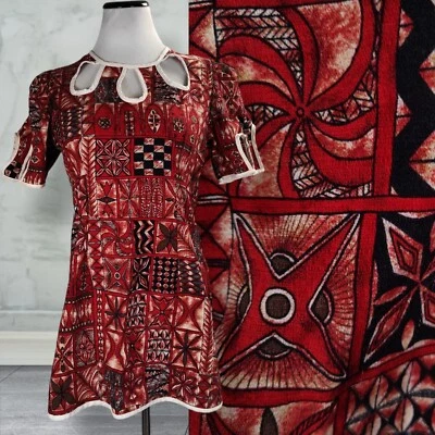 Top túnica Tiki vintage de tela de corteza talla M rojo manga abullonada estampado tribal Foto 1 de 4