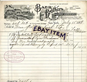 1898 Scheinkopf BAER BROTHERS New York Blattgold Hersteller SCHNIGLING BAYERN - Bild 1 von 1