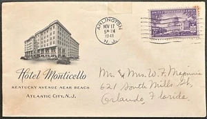 US #903 on Hotel Monticello, Atlantic City NJ 1941 Cover; advertising *d - Picture 1 of 2