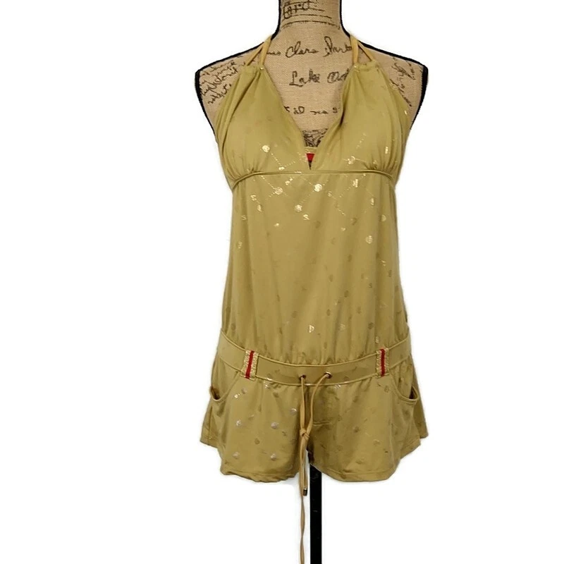 Coogi Womens sz XL Romper Gold Halter Tie V Neck Open Back Cinch Waist Y2K - Image 1 of 4