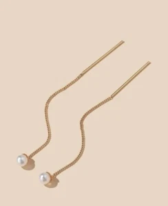 Womens Threader Long Gold Metal Faux Pearl Dangle Drop Decor Earrings Jewellery - Picture 1 of 3
