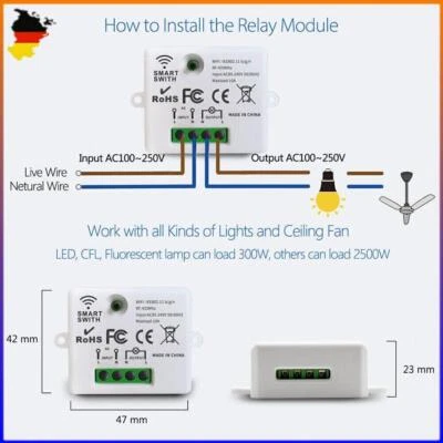 230V Funkschalter System 433mhz RF Wand Lichtschalter Wlan Mini Empfänger Modul - Bild 1 von 4