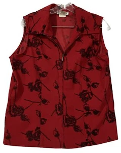 Vintage Briggs Womens 10 Vest Red Black Flocked Floral Zipper Stretch - Picture 1 of 11