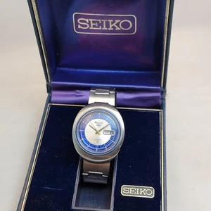 RARE VINTAGE SEIKO 5 6119-8480 AUTOMATIC JAPAN BLUE 21 JEWELS MEN'S WATCH IN BOX - Picture 1 of 10