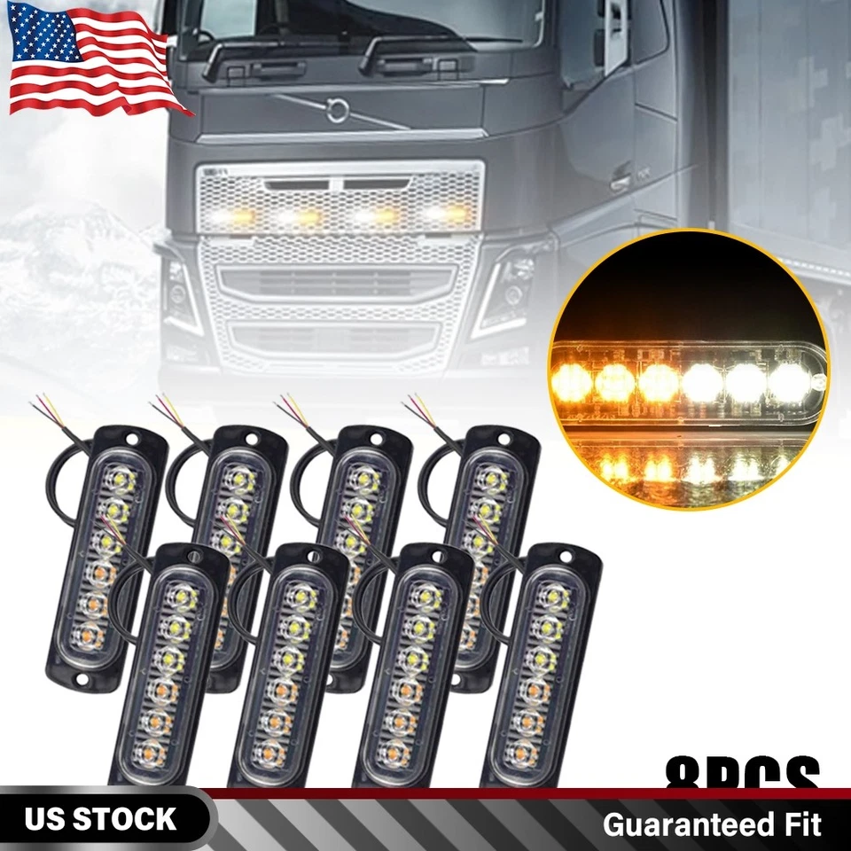 8X 6LED Amber&White Emergency Warning Light Beacon Hazard Flash Strobe Light Bar - Image 1 of 4