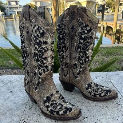 Botas Corral Lentejuelas Tooled Incrustación Cortar Vaquero Mujer Marrón Vestido Botas A3569 7 Foto 1 de 4