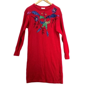 Mister Noah Vintage 80s 90s Sequin Red Festive Holiday Sweater Dress Women S - Picture 1 of 7