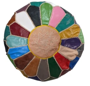 Fairtrade Fatto a Mano Marocchino Pelle Pouf Multicolore Pouf Grande 40cm/38.1cm - Foto 1 di 8