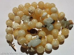 Antique Vintage Chinese Necklace Yellow Onyx Agate Carved Jade Netsuke Zodiac - Picture 1 of 1
