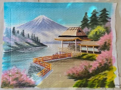 Vintage Japanese Silk Embroidered Art House Village Garden Nature 14.5 x 12 - Image 1 of 4