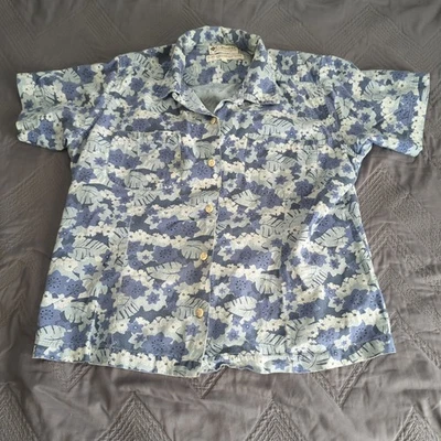 Camisa hawaiana grande Columbia para mujer azul floral 100 % algodón con botones Foto 1 de 4