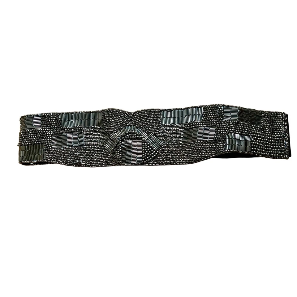 Vintage Metallic Beaded Statement Belt with Leather Backing Had Stretch 80s - Image 1 of 4