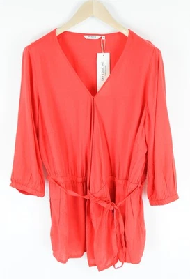 TOM TAILOR Women Blouse 48 Coral Red Wrap V-Neck Belted 3/4 Sleeve Lightweight * - Image 1 of 4