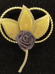 VTG. GOLD TONE MESH, DARK ROSE FLOWER BROOCH - Picture 1 of 2